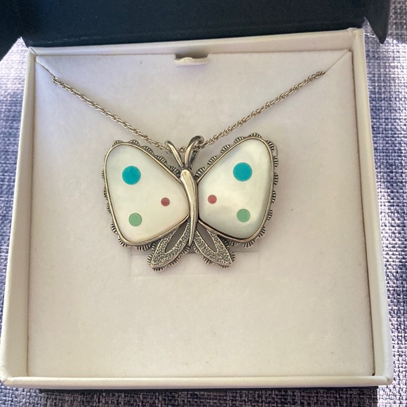 Vintage Carolyn Pollack Inlaid MOP Sterling Silver Butterfly Pendant Necklace - Picture 7 of 11